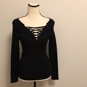 NWT Sandro Lace Fitted V-neck Sweater in Black